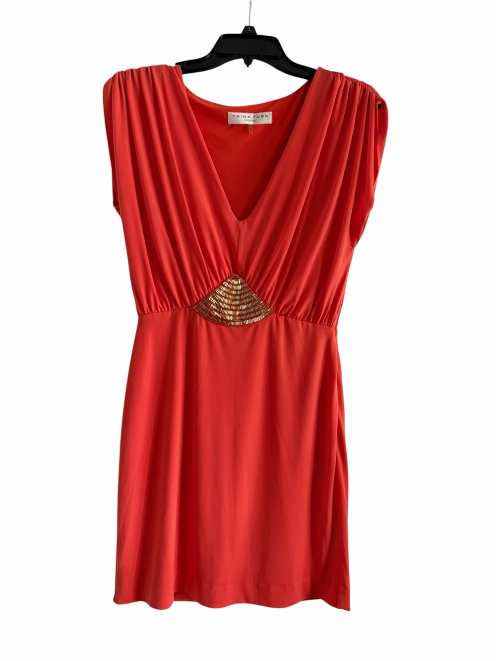 Trina Turk Orange V-Neck Embellished Waist Dress Top